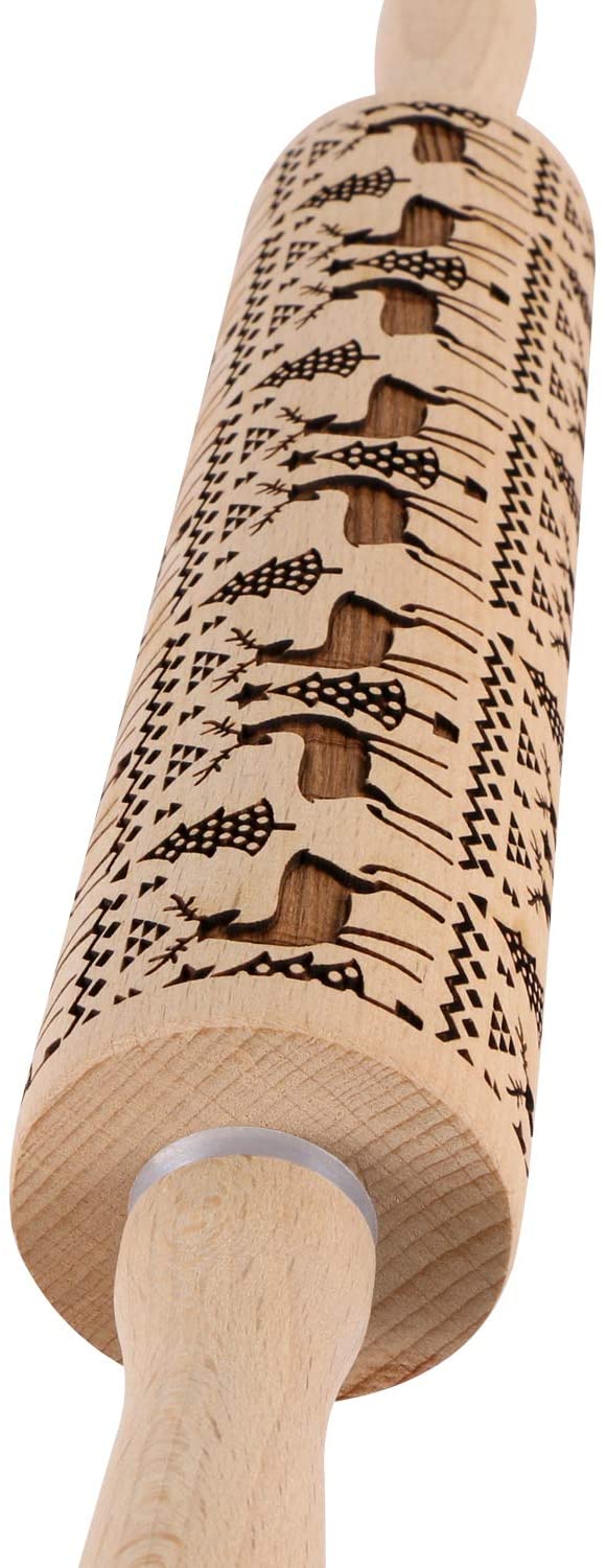 Christmas Embossed Wooden Rolling Pins Wooden Laser Engraved 3D Rolling Pin for Making Cookie Dough Crusts Pies Pastry