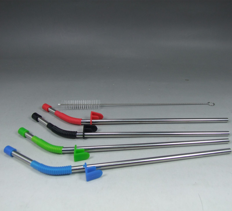 Pack of 4 Stainless Steel Drinking Straws with Durable Silicon Ring Includes A Cleaning Brush